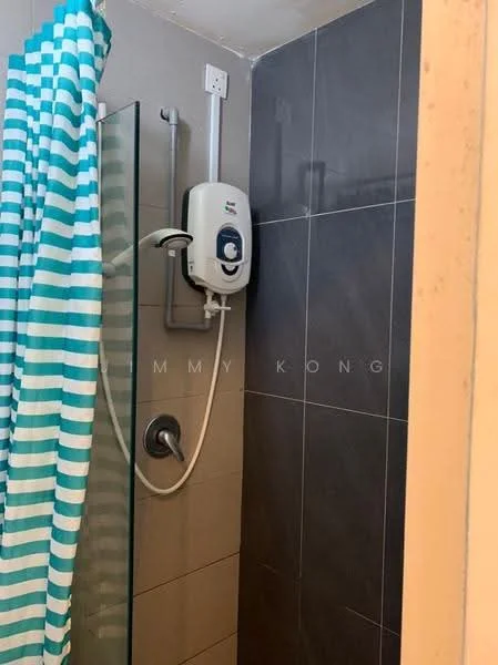 Bathroom features: glass shower enclosure, striped shower curtain, wall-mounted shower head, electric water heater, grey tile walls, dark tile flooring, chrome shower valve, wall-mounted towel rack; style: modern.