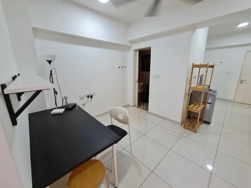 Room features: white painted walls, glossy tile flooring, ceiling with recessed lighting, ceiling fan, black desk, white chair, wooden shelving unit, fridge, doorway leading to another room; style: modern.