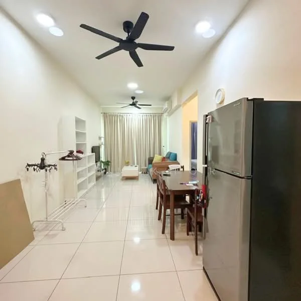 Living features: white painted walls, glossy tile flooring, 2 ceiling fans, recessed downlights, sofa in beige, coffee table, dining table with 4 chairs, white shelving unit, curtains, stainless-steel fridge; style: modern.