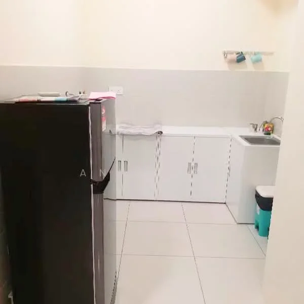 Laundry features: black fridge, white cabinetry, single-bowl stainless-steel sink, countertop, white tiled walls, white tiled flooring, hanging towel rack, blue storage bin.