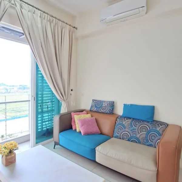 Living features: 3-seater fabric sofa in beige and blue, decorative cushions in various colors, coffee table, floor-to-ceiling windows, sheer curtains, wall-mounted split AC, light-colored walls, tile flooring, decorative houseplants in ceramic pots; style: modern; view: garden.