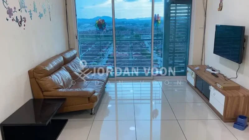 Living features: 3-seater leather sofa in brown, white wall with decorative wall art, large floor-to-ceiling sliding glass door, white tiled flooring, TV console with wooden finish, wall-mounted TV, decorative wall clock, curtains on sliding door, city view through sliding door; style: modern; view: city.
