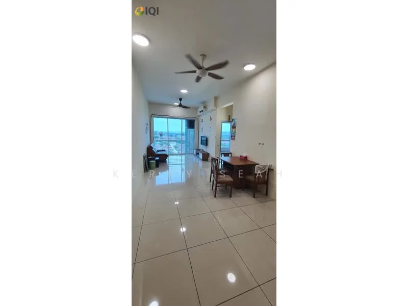 Living features: large floor-to-ceiling windows, sliding glass door, white painted walls, glossy ceramic tile flooring, 5-blade ceiling fan, recessed downlights, sofa in brown fabric, wooden dining table with chairs, TV console, decorative wall art, city view from windows; style: modern; view: city.