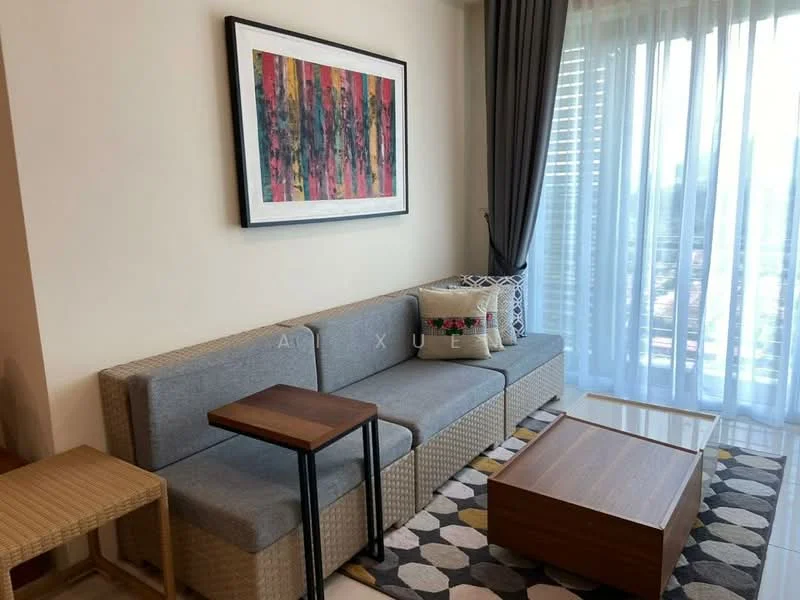 Living features: 3-seater fabric sofa in grey, wooden coffee table, side table with metal legs, framed artwork on wall, floor-to-ceiling windows, sheer curtains, area rug with geometric pattern, decorative cushion; style: modern; view: city.