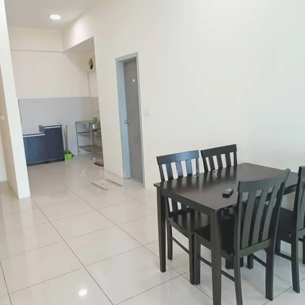 Dining features: black dining table, 4 black dining chairs, white walls, glossy tile flooring, recessed ceiling lights, doorway leading to kitchen, open layout, kitchen visible in background; style: modern. Kitchen features: kitchen cabinets, stainless-steel sink, countertop, open shelving, tile backsplash; style: modern.