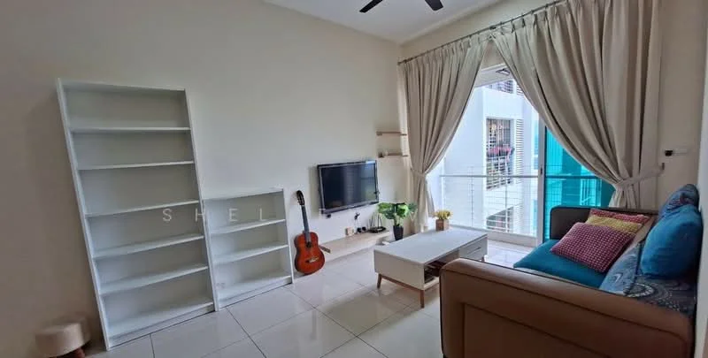 Living features: cream painted walls, white tiled flooring, sofa in brown leather, colorful throw pillows, wooden coffee table, floor-to-ceiling windows, sheer curtains, open shelving unit, wall-mounted TV, guitar, indoor plant; style: modern.