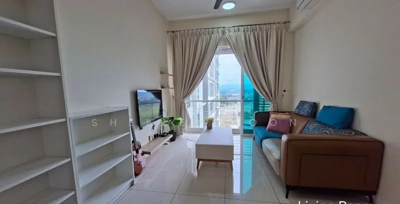 Living features: floor-to-ceiling windows, sliding glass door, cream painted walls, white tiled flooring, 3-seater brown leather sofa, 2-seater fabric sofa in blue, coffee table with wooden legs, TV console, wall-mounted TV, curtains, decorative plants, shelves, area rug; style: modern; view: city.