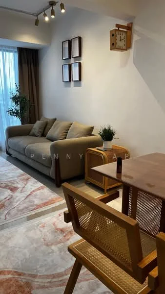 Living features: 3-seater fabric sofa in grey, wooden coffee table, wooden dining table, 2 wooden chairs with woven seats, decorative wall clock, framed artwork on walls, curtains, indirect lighting, marble flooring with pink and grey veining, potted plant, greenery visible through window; style: modern; view: city.