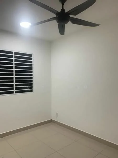 Room features: white painted walls, tile flooring, ceiling fan, sliding window with horizontal bars, recessed LED downlights.
