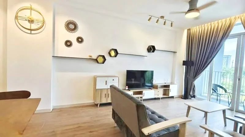 Living features: grey fabric sofa, wooden coffee table, TV console, wall-mounted TV, floating shelves, decorative wall clock, hexagonal wall decor, curtains, floor-to-ceiling windows, wooden flooring, ceiling fan with light; style: modern; view: garden.