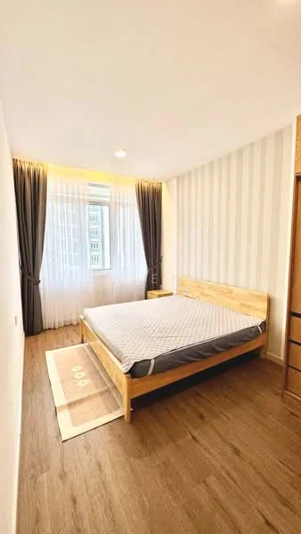 Bedroom features: queen-size bed, wooden bed frame, light wood flooring, striped wallpaper, floor-to-ceiling window, sheer curtains, dark curtains, area rug, built-in wardrobe, recessed ceiling lights; style: modern.