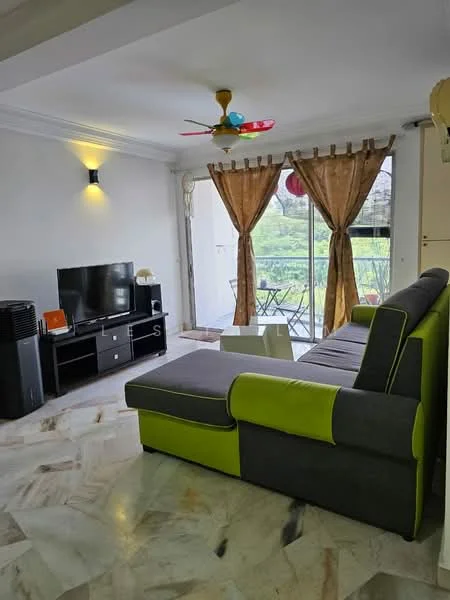 Living features: 3-seater sectional sofa in grey and green, marble flooring, wall-mounted TV, TV console with storage, 5-blade ceiling fan with light, curtains in brown, sliding glass door, decorative wall sconce, decorative wall with light fixture, small coffee table, view of outdoor balcony; style: modern; view: garden.