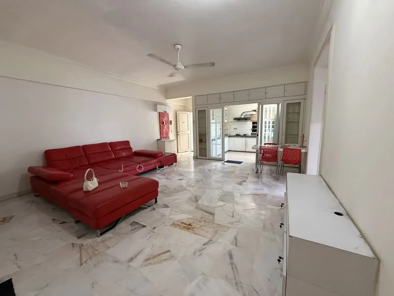 Living features: red leather sectional sofa, marble flooring, ceiling fan, white painted walls, large windows, open layout to kitchen, glass sliding door, decorative wall unit; style: modern. Kitchen features: kitchen cabinets, countertop, stainless-steel appliances, open layout to living area; style: modern.