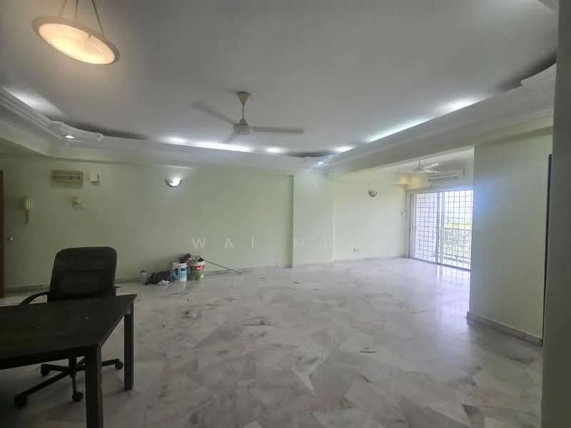 Living features: marble flooring, white painted walls, ceiling fan, recessed downlights, large window with grille, sliding glass door, wall-mounted light fixtures, open layout, decorative ceiling with crown moulding; style: modern; view: city.