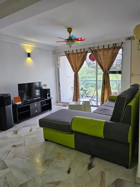 Living features: L-shape sectional sofa in grey and green, coffee table, wall-mounted TV, TV console, floor-to-ceiling windows, sheer curtains, marble flooring, 5-blade ceiling fan with light, decorative wall sconce, balcony access, area rug; style: modern; view: garden.