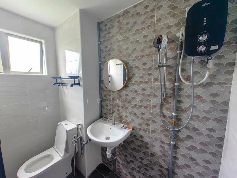 Bathroom features: white tiled walls, grey patterned accent wall, black tile flooring, round mirror, wall-mounted basin, chrome basin mixer faucet, one-piece toilet, shower with handheld showerhead, water heater unit, window for natural light, towel rack, shower curtain rod; style: modern.