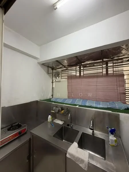 Kitchen features: stainless-steel double-bowl sink, chrome pull-down faucet, stainless-steel countertop, built-in gas stove, wall-mounted exhaust fan, white painted walls, tile flooring, window with blinds.
