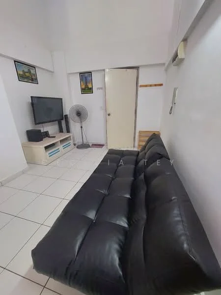 Living features: black leather sofa, wall-mounted TV, TV console with storage, white tiled flooring, white painted walls, ceiling fan, decorative wall art, door leading to another room; style: modern.