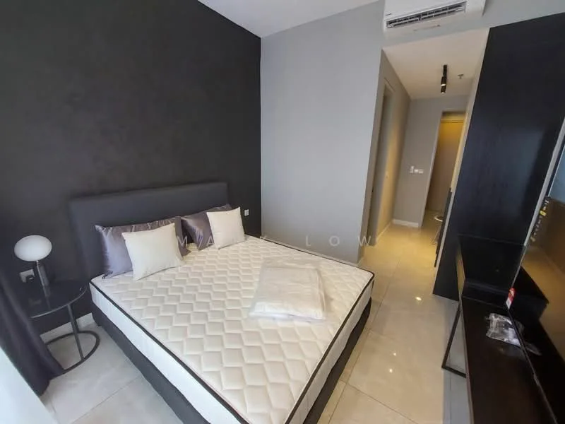 Bedroom features: queen-size bed, upholstered headboard, white mattress, 2 bedside lamps, black bedside table, black dresser, wall-mounted mirror, white tiled flooring, grey accent wall, air conditioning unit; style: modern.
