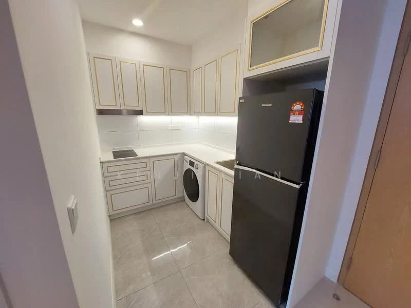 Kitchen features: white cabinetry with gold trim, grey countertop, built-in electric stove, stainless-steel sink, black refrigerator, front-load washing machine, white tiled backsplash, grey tile flooring, recessed lighting, upper cabinets with glass front, under-cabinet lighting; style: modern.