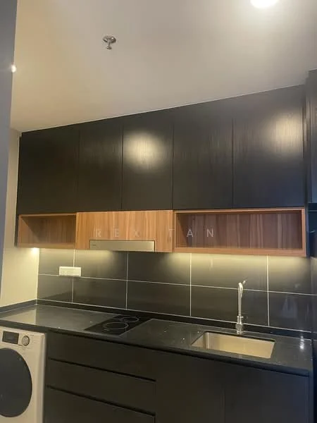 Kitchen features: black cabinetry with wood accents, black countertop, stainless-steel sink, chrome faucet, built-in oven, electric cooktop, black tile backsplash, washing machine, recessed lighting; style: modern.