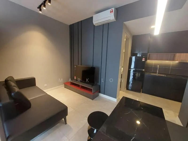 Living features: black leather sofa, TV console with red accents, wall-mounted TV, recessed lighting, air conditioning unit, grey painted walls, tile flooring, black coffee table, open kitchen area visible; style: modern. Kitchen features: black cabinetry, stainless-steel fridge, black countertop, ceramic tile backsplash, built-in oven, freestanding range oven; style: modern.