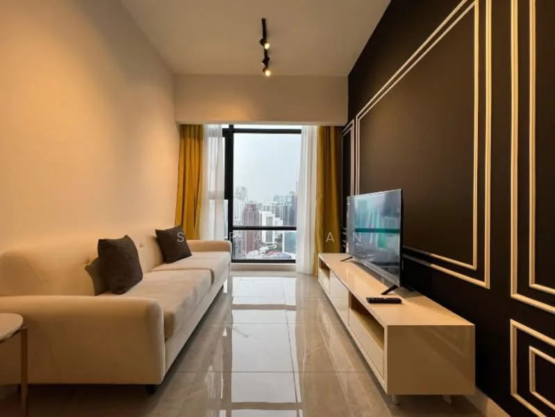 Living features: white fabric 3-seater sofa, grey decorative cushions, white TV console, wall-mounted TV, black accent wall with white trim, floor-to-ceiling windows, curtains in yellow, polished tile flooring, recessed downlights, track lighting; style: modern; view: city.