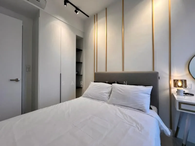 Bedroom features: queen-size bed with white bedding, upholstered headboard in grey, built-in wardrobe with sliding doors, wall-mounted mirror, nightstand with lamp, recessed LED downlights, light wooden accent wall, white painted walls, floor-to-ceiling windows, air conditioning unit; style: modern.