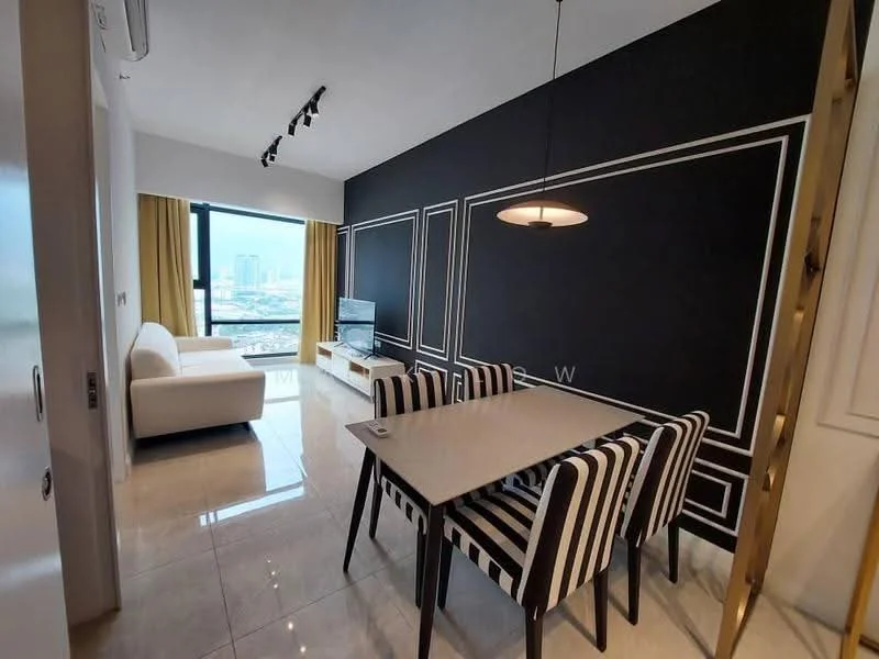Dining features: dining table with 4 chairs, black and white striped chairs, pendant light fixture, black accent wall with white trim, floor-to-ceiling windows, city view, ceramic tile flooring, TV console, wall-mounted TV, sofa in white fabric; style: modern; view: city.