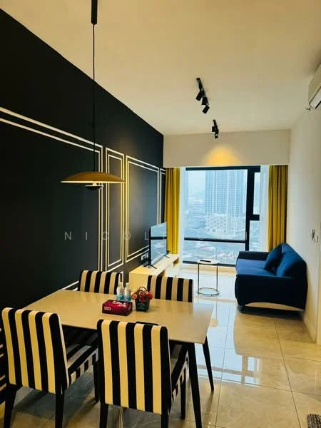 Dining features: striped upholstered dining chairs, 6-seater dining table with marble top, pendant lamp, floor-to-ceiling windows, curtains in yellow, wall-mounted TV, sofa in blue, decorative items on table, polished tile flooring, black accent wall with white trim, track lighting; style: modern; view: city.