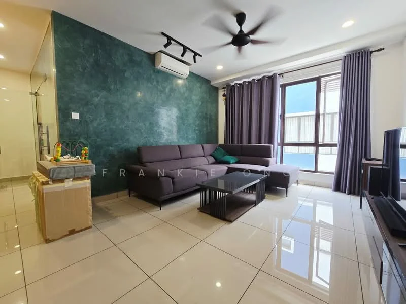 Living features: grey fabric L-shape sectional sofa, black coffee table, wall-mounted TV, floor-to-ceiling windows, sheer curtains, dark green accent wall, white painted walls, glossy ceramic tile flooring, 1 wall-mounted split AC, ceiling fan with light, decorative items on coffee table, area rug; style: modern.