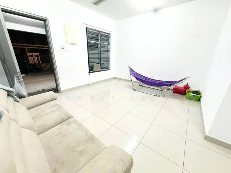 Living features: cream painted walls, white tiled flooring, sofa in beige fabric, hammock, large window with black frames, sliding door, green storage basket, minimalist decor; style: modern.