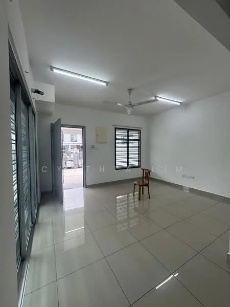 Room features: white painted walls, grey tiled flooring, ceiling fan, large windows with horizontal slats, sliding glass door, natural light from windows, single wooden chair, recessed ceiling lights; style: modern.