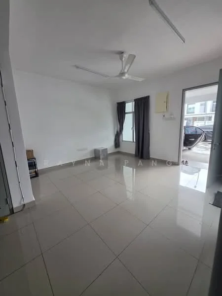 Room features: white painted walls, glossy ceramic tile flooring, 5-blade ceiling fan, floor-to-ceiling windows, blackout curtains, sliding glass door, natural light, open layout; style: modern; view: city.