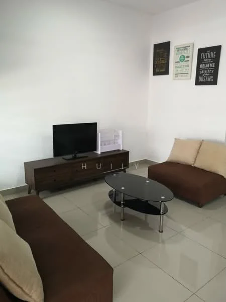 Living features: 2-seater fabric sofa in brown, 3-seater fabric sofa in brown, glass coffee table with metal legs, wall-mounted TV, TV console in dark wood, white painted walls, tile flooring, decorative wall posters; style: modern.