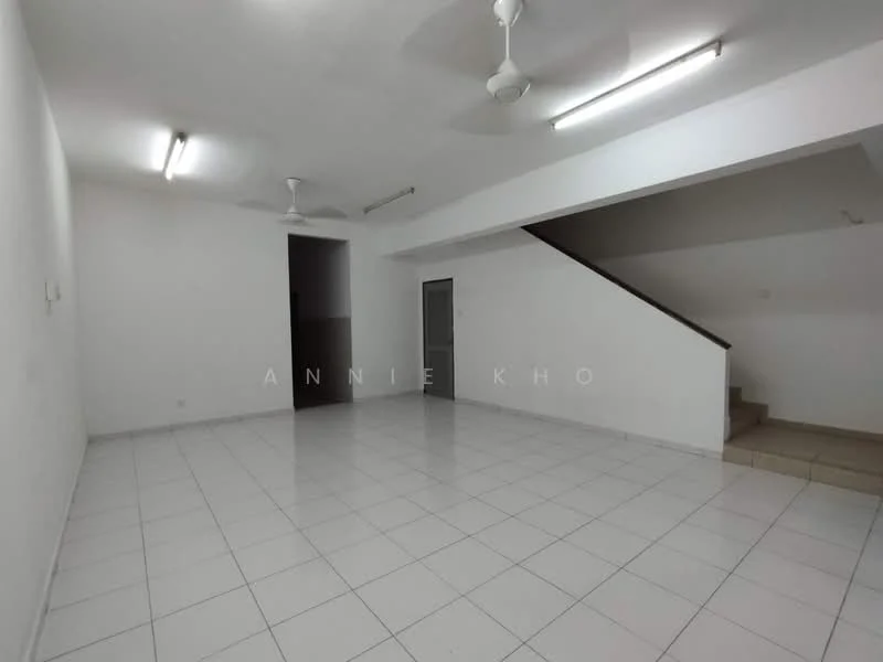 Room features: white painted walls, white tiled flooring, 2 ceiling fans, recessed lighting, staircase leading to upper level, open layout, no visible furniture, large windows for natural light; style: minimalist.