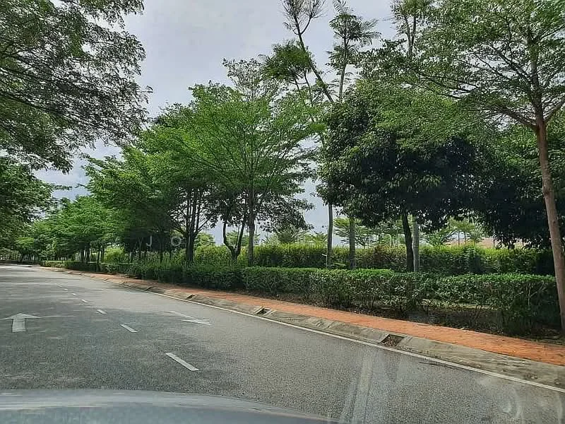 Exterior features: tree-lined street, manicured greenery, paved walkway, road with lane markings, surrounding foliage, urban landscaping; style: modern.