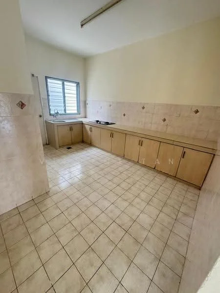 Kitchen features: light beige tiled flooring, white painted walls, window with horizontal slats, built-in cabinetry with light wood finish, countertop with light beige surface, single-basin sink, stove area with no visible appliance, tile backsplash with decorative accents, overhead lighting fixture, floor drain.