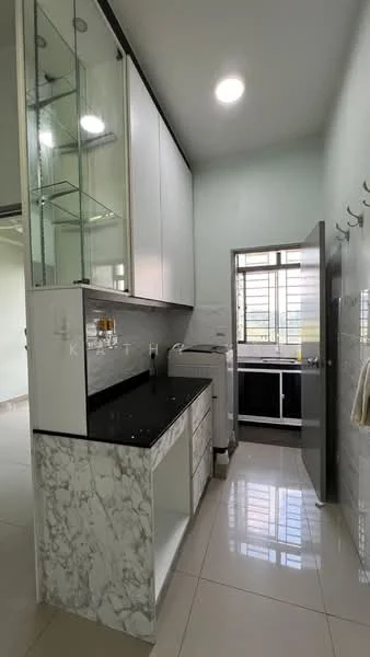 Kitchen features: white cabinetry with glass doors, black granite countertop, marble-patterned base cabinetry, built-in shelving, single-bowl stainless-steel sink, chrome pull-down faucet, wall-mounted cabinets, tile flooring, recessed ceiling lights, window with metal grill, laundry area with washing machine, grey door leading to utility area; style: modern.