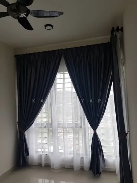 Room features: floor-to-ceiling windows, sheer curtains, blackout curtains, 5-blade ceiling fan, light-colored walls, glossy tile flooring, city view; style: modern; view: city.