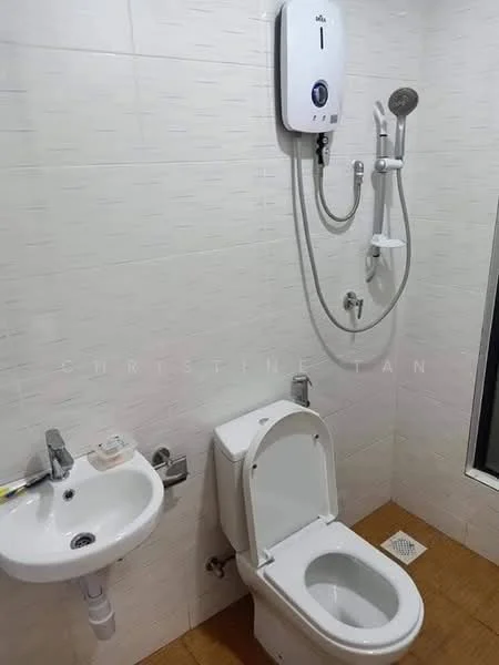 Bathroom features: white ceramic toilet, chrome flush handle, wall-mounted shower head, handheld shower, white sink with chrome faucet, mirror above sink, tiled walls, wooden flooring, water heater unit, glass window, soap dispenser; style: modern.