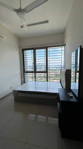 Bedroom features: floor-to-ceiling windows, city view, white painted walls, ceiling fan, wall-mounted air conditioning unit, tile flooring, queen-size bed frame, black dresser with mirror; style: modern; view: city.