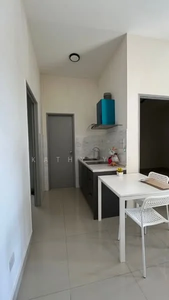 Kitchen features: white painted walls, grey tiled flooring, flat-panel black cabinets, blue upper cabinets, stainless-steel sink, chrome pull-down faucet, white countertop, built-in stove, refrigerator, dining table with white chairs, wall-mounted light fixture, door leading to hallway; style: modern.