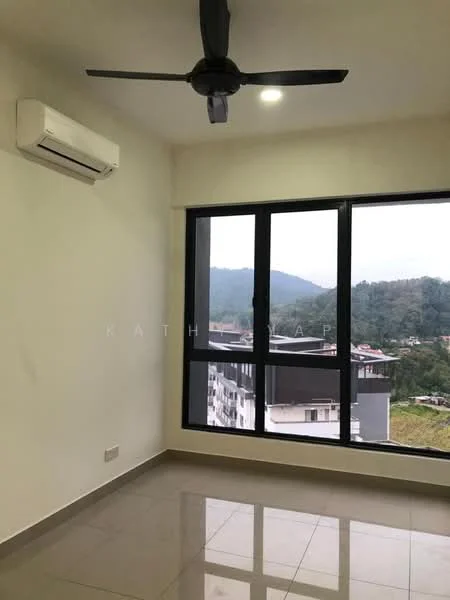Room features: white painted walls, grey tiled flooring, floor-to-ceiling windows, mountain view, 1 wall-mounted split AC, ceiling fan, recessed downlights; style: modern; view: mountain.