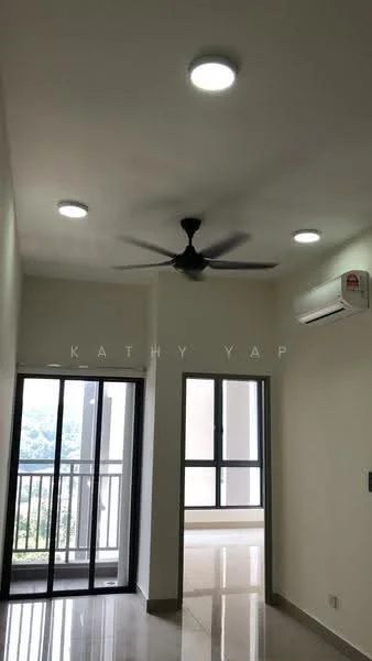 Room features: white painted walls, polished tile flooring, 5-blade ceiling fan, recessed LED downlights, floor-to-ceiling windows, sliding glass door, wall-mounted split AC, balcony view; style: modern; view: city.