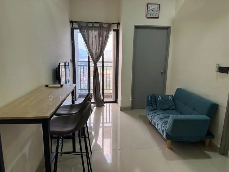Living features: light grey fabric sofa, wooden coffee table, floor-to-ceiling windows, curtains, wall clock, cream painted walls, glossy tile flooring, desk with two bar stools, mounting for TV, view of city skyline; style: modern; view: city.