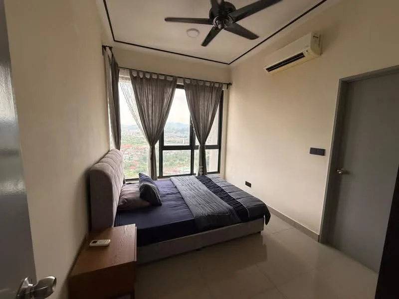 Bedroom features: queen-size bed with grey upholstered headboard, 2 bedside lamps, wooden bedside table, floor-to-ceiling windows, sheer curtains, blackout curtains, ceiling fan with light, wall-mounted air conditioning unit, light-colored painted walls, glossy tile flooring; style: modern; view: city.