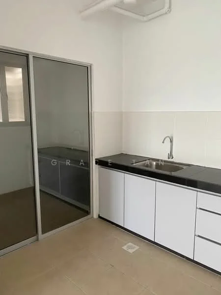Kitchen features: single-bowl stainless-steel sink, chrome pull-down faucet, black countertop, white cabinetry with flat-panel doors, sliding glass door, cream tiled walls, cream tiled flooring, built-in cabinets; style: modern.