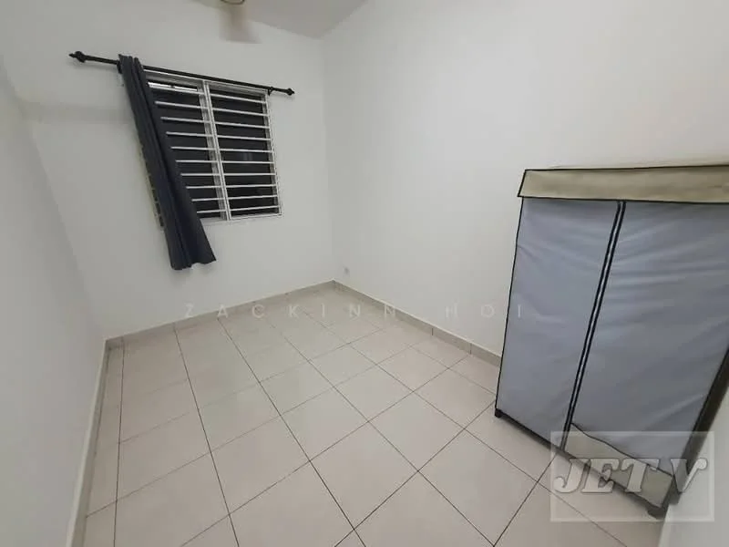 Bedroom features: white painted walls, tile flooring, window with horizontal slats, blackout curtains, single bed mattress, foldable fabric wardrobe, ceiling fan.