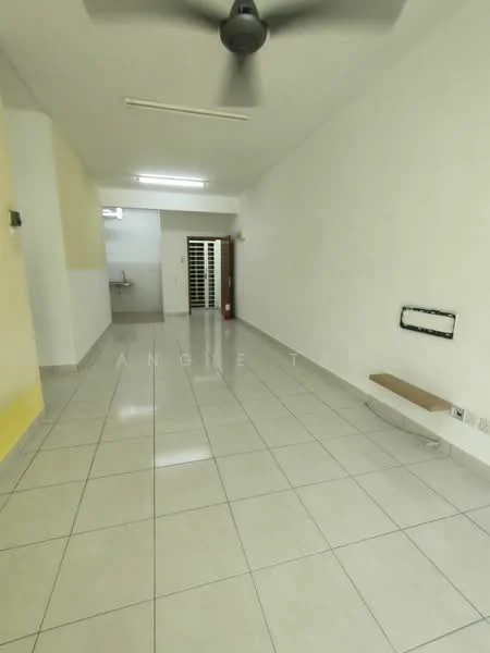 Room features: white painted walls, glossy ceramic tile flooring, ceiling fan, recessed ceiling lights, open layout, doorway leading to another room, window with no visible treatment, built-in bench, fire extinguisher visible, kitchen area visible in background; style: modern.
